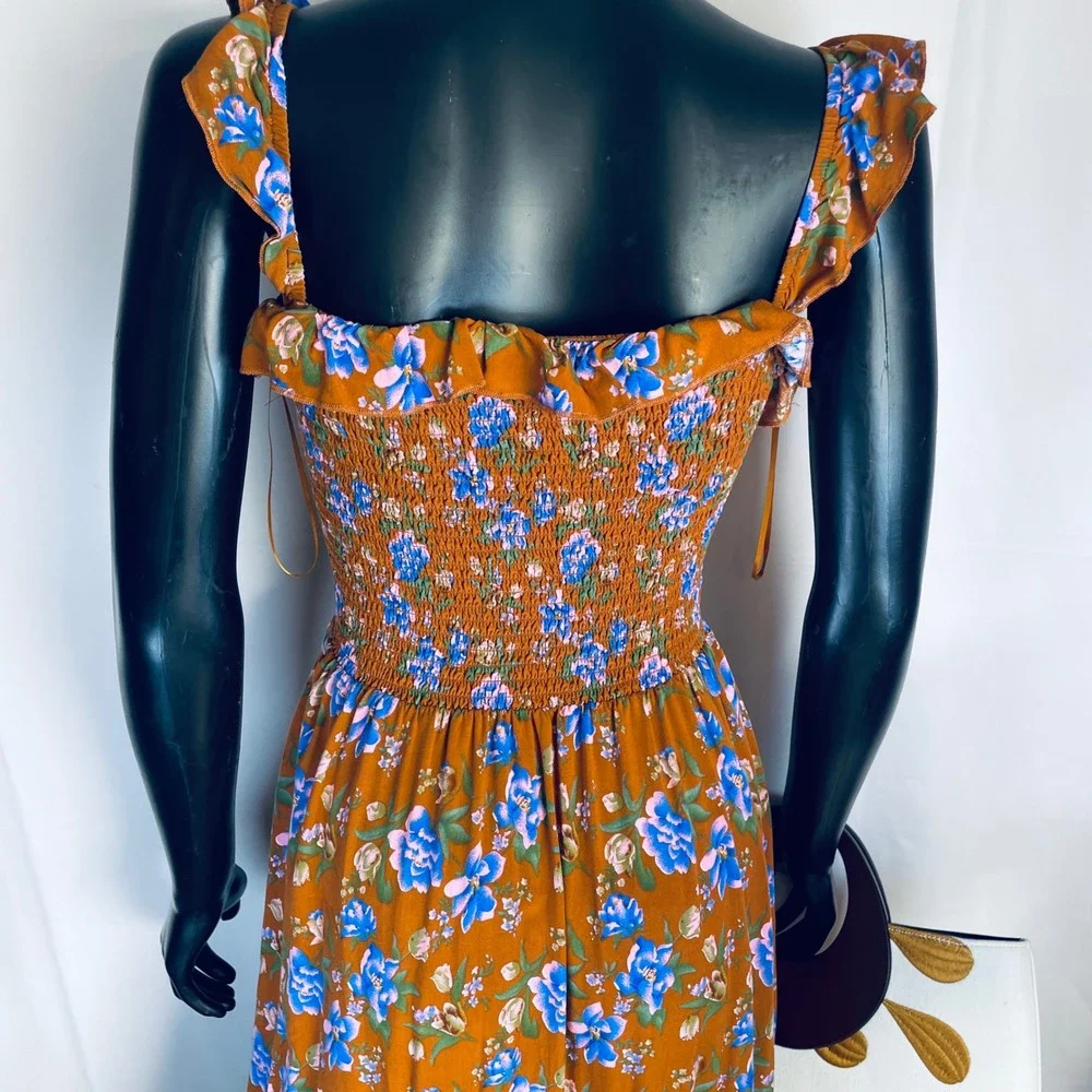 NATURAL LIFE Rust Floral Midi Dress with Blue Accents